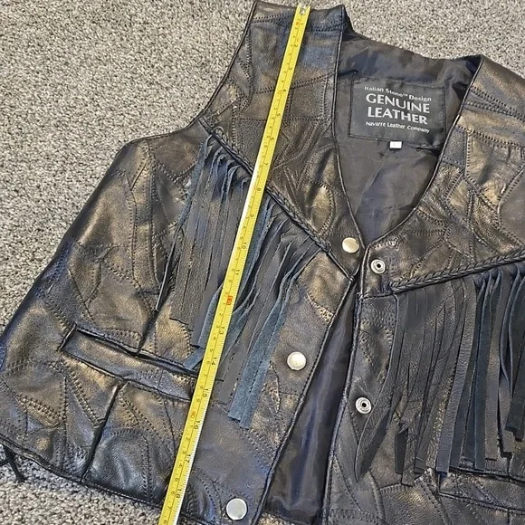 Italian Stone Desigh Women Genuine Black Leather Fringe Vest Moto Biker Sz L - Picture 2 of 7